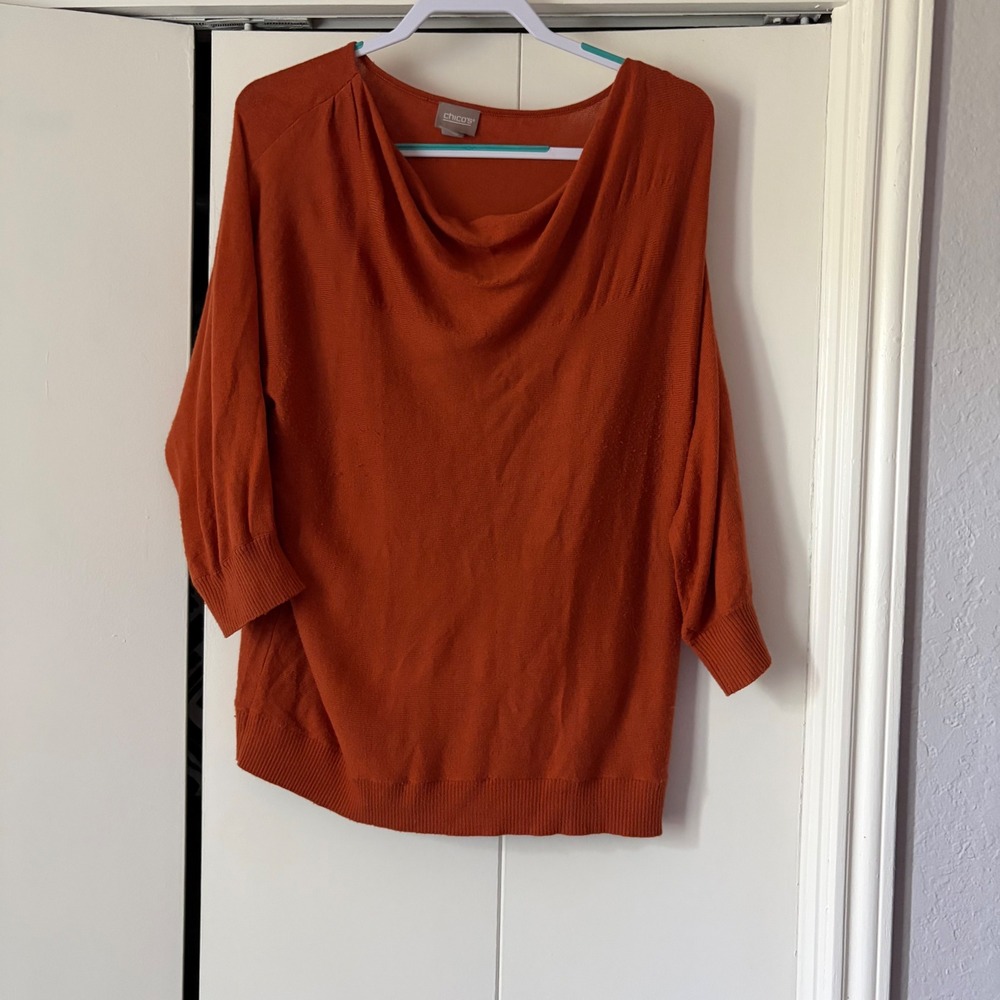 Chicos Cowl Neck Sweater Burnt Orange Rust Cashmere Blend 3/4 Sleeve Size 2 L